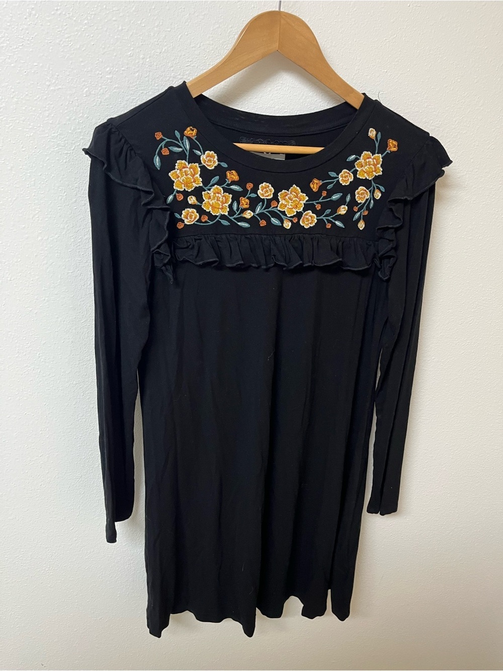 Cupio Black Long Sleeve Dress with Yellow Floral Embroidery
